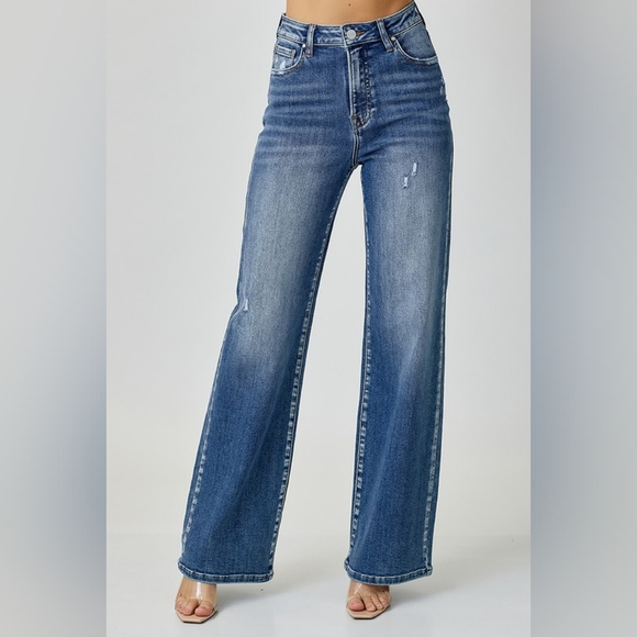 RISEN High-Rise Waist Straight Leg Mom Jeans Relaxed Fit Distressed Denim Pants - Picture 5 of 15